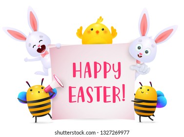 Happy Easter lettering with bunnies, chicken and bees characters. Easter greeting card. Typed text, calligraphy. For leaflets, brochures, invitations, posters or banners.