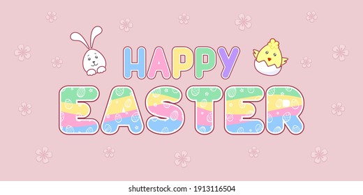 Fröhliche Osterschrift, Hasen und Huhn auf rosafarbenem Hintergrund mit kleinen Blumen. Regenbogenbriefe. Vektordesign-Vorlage für Feiertagsgrußkarten, Banner, Poster, Flyer, Einladung, festliches Design