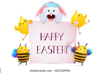 Happy Easter lettering with bunny, chicks and bees characters. Easter greeting card. Typed text, calligraphy. For leaflets, brochures, invitations, posters or banners.