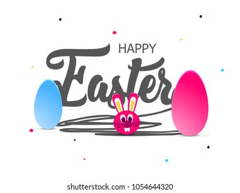 Happy Easter lettering with bunny and colorful eggs.