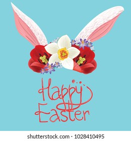 Happy Easter lettering with bunny ears and flowers on blue background. Easter, spring, holiday, celebration concepts. For greeting card, postcard, brochure, leaflet