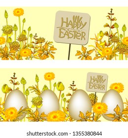 Happy Easter lettering with Easter Bunny Ears. Greeting card with realistic golden egg, two bunnies, yellow and golden flowers and herbs. Isolated elements. Vector seamless border.