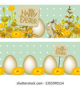 Happy Easter lettering with Easter Bunny Ears. Greeting card with realistic golden egg, two bunnies, yellow and golden flowers and herbs. Isolated elements. Vector seamless border.