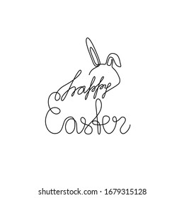 Feliz Pascua, letras y orejas de conejito de Pascua. Plantilla de tarjeta de felicitación, diseño para afiche o banner.  Dibujo continuo de líneas, letras a mano, impresión para ropa, vector aislado.