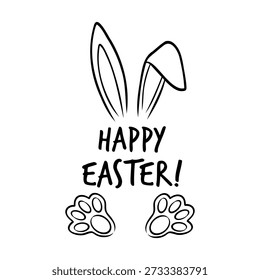 Feliz Páscoa lettering com orelhas de coelho e impressões de patas em estilo doodle. Minimalista mão desenhada monocromática ilustração vetorial expressando clima de férias da primavera, celebração e conceito de design festivo bonito.
