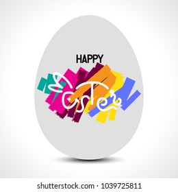 Happy Easter lettering with a bunny and an egg for greeting card. Vector illustration