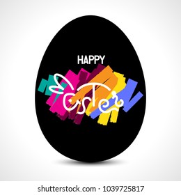 Happy Easter lettering with a bunny and an egg for greeting card. Vector illustration