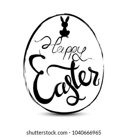 Happy Easter lettering with a bunny and an egg for greeting card. Vector illustration