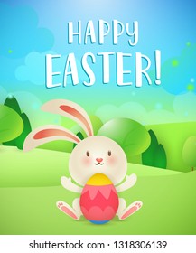 Happy Easter lettering, bunny, egg and landscape. Easter greeting card. Typed text, calligraphy. For greeting cards, posters, invitations, banners, leaflets and brochures.