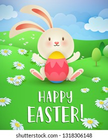Happy Easter lettering, bunny, egg and lawn with daisies. Easter greeting card. Typed text, calligraphy. For greeting cards, posters, invitations, banners, leaflets and brochures.