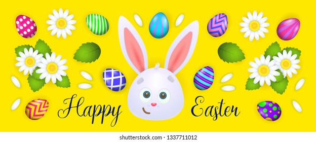 Happy Easter lettering with bunny, eggs, flowers. Easter greeting card. Handwritten text, calligraphy. For leaflets, brochures, invitations, posters or banners.