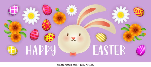 Happy Easter lettering with bunny, painted eggs and flowers. Easter greeting card. Typed text, calligraphy. For leaflets, brochures, invitations, posters or banners.