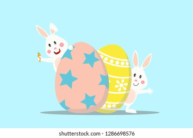 happy easter lettering with bunny rabbit hide in back of easter egg, one hold carrot and one wave hand. Concept for banner, poster, greeting card for Easter festival in vector