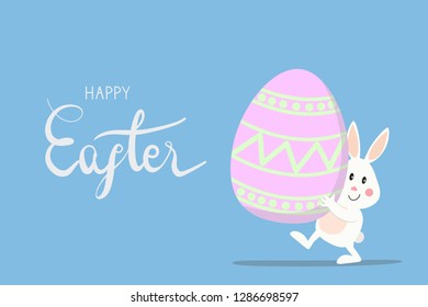 happy easter lettering with bunny rabbit walk and carry the easter egg.Concept for banner, poster, greeting card for Easter festival in vector illustration