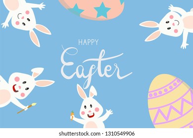 happy easter lettering with bunny rabbit and easter egg, hold carrot and wave hand. Concept for banner, poster, greeting card for Easter festival in vector