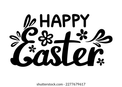 Happy easter lettering with bunny or rabbit ears and flowers. Hand drawn calligraphy phrase. Typography for Easter cards, banners, posters and other advertisements and merchandise. Vector illustration