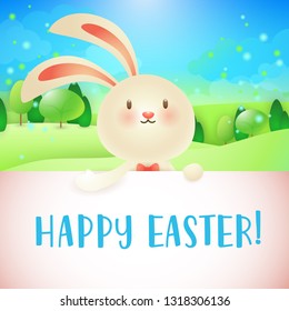 Happy Easter lettering, bunny, spring landscape with forest. Easter greeting card. Typed text, calligraphy. For greeting cards, posters, invitations, banners, leaflets and brochures.