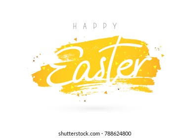 Happy easter. Lettering and calligraphy. Vector illustration on a white background with a smear of ink golden color. Excellent festive gift card.