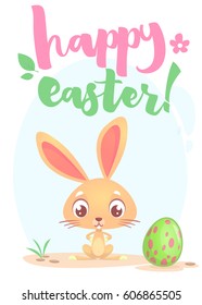 Happy Easter lettering card with cartoon bunny rabbit. Hand drawn lettering poster for Easter. Modern calligraphy vector
