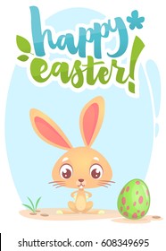 Happy Easter lettering card with cartoon bunny rabbit. Hand drawn lettering poster for Easter. Modern calligraphy vector