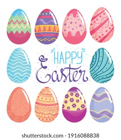 tarjeta de papel con letras de pascua feliz con diseño de ilustraciones vectoriales pintadas de huevos