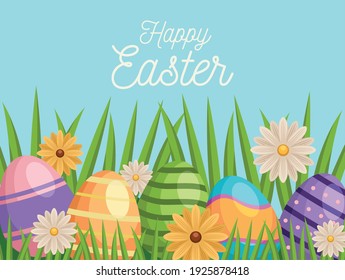 happy easter lettering card with eggs painted and flowers in garden vector illustration design