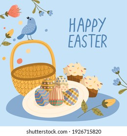 tarjeta de papel con letras de pascua feliz con huevos pintados en plato y pájaro en diseño de ilustración vectorial de cesta