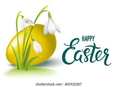Happy Easter Lettering card with golden egg and Snowdrop Flower - Vector illustration.