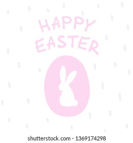Happy Easter lettering card. Hand drawn lettering poster for Easter. Modern calligraphy. Happy Easter typography background with pink egg and white bunny