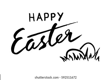 Happy Easter lettering card. Hand drawn lettering poster for Easter. Ink illustration. Brush pen. effect. Modern cursive calligraphy, festive eggs. Greeting card text template