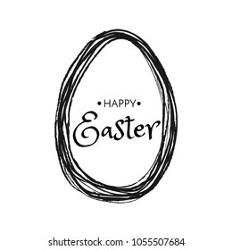 Happy Easter lettering card. poster for Easter. Black egg and text Happy Easter on white background.