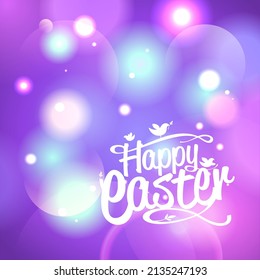 Happy Easter lettering card or poster vector template with bokeh lights pink background