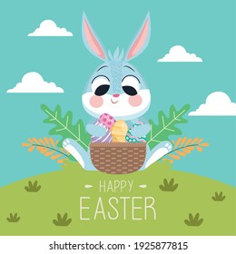 happy easter lettering card with rabbit and eggs in basket in the landscape vector illustration design