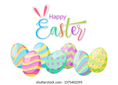 Happy Easter lettering card. Set of cute Easter eggs with different texture on a white background. Spring holiday. Vector Illustration.Happy easter eggs