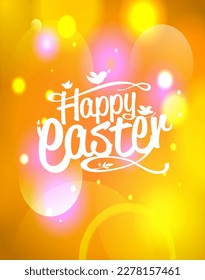 Happy Easter lettering card vector template with bokeh lights background