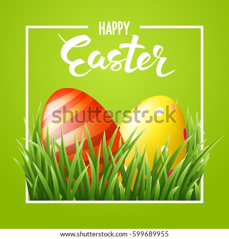 Happy Easter Lettering card whith decorated gold and red eggs at fresh green grass on green background