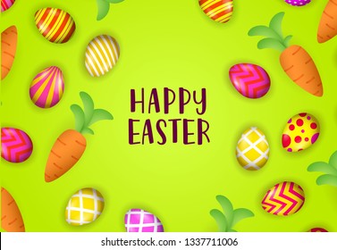 Happy Easter lettering with carrots and decorated eggs. Easter greeting card. Typed text, calligraphy. For leaflets, brochures, invitations, posters or banners.