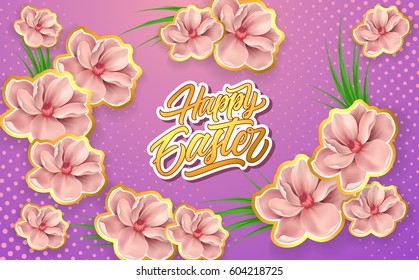 Happy Easter lettering with cherry flowers