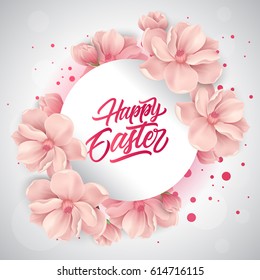 Happy Easter lettering with cherry flowers