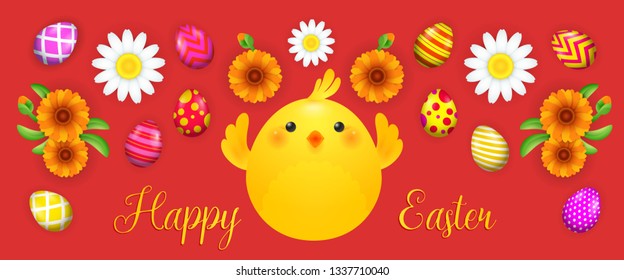 Happy Easter lettering with chick, flowers and eggs. Easter greeting card. Handwritten text, calligraphy. For leaflets, brochures, invitations, posters or banners.