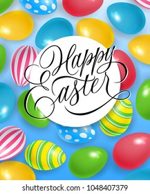Happy Easter lettering in circle among ornate eggs on blue background. Greeting card, postcard, invitation. Easter holiday concept. Can be used for posters, leaflets and brochure