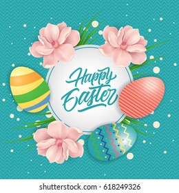 Happy Easter Lettering in Circle With Eggs