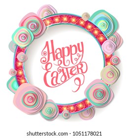 Happy Easter Lettering in Circle, Flowers. Vector illustration