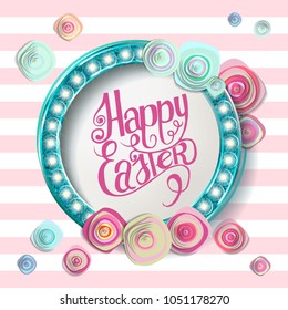 Happy Easter Lettering in Circle, Flowers. Vector illustration