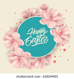 Happy Easter Lettering in Circle, Flowers