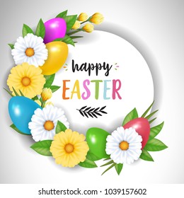 Happy Easter lettering in circle. Easter greeting card with flowers and eggs. Handwritten and typed text, calligraphy. For greeting cards, posters, leaflets and brochures.