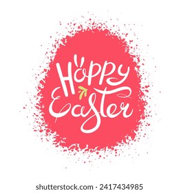 Happy Easter lettering. Colored egg with splashes of paint. Splash texture background. Greetings and presents for Easter Day. Perfect for poster, cover, or postcard. Vector flat illustration.