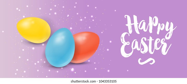 Happy Easter lettering with colored eggs and glittering on lilac background. Calligraphic inscription can be used for greeting cards, festive design, postcards, banners.
