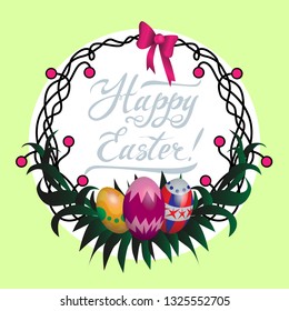 Happy Easter lettering and colored eggs vector illustration