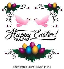 Happy Easter lettering and colored eggs vector illustration